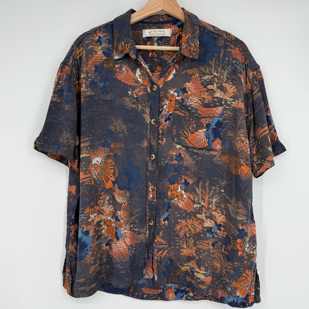 Free People Floral Button Down Shirt - Navy and Orange